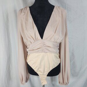 PRETTYLITTLETHING Size 12 Deep Plunge‎ Ruched Long Sleeve Mesh Snap Bodysuit